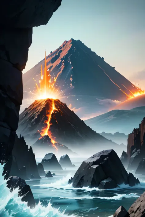 masterpiece, Volcanoes, Fire,  Energetic elements , aura, Wave, particles and harmony. Blue sky and rocks in the distance. Adventure landscape . Maximum quality,  Detailed.