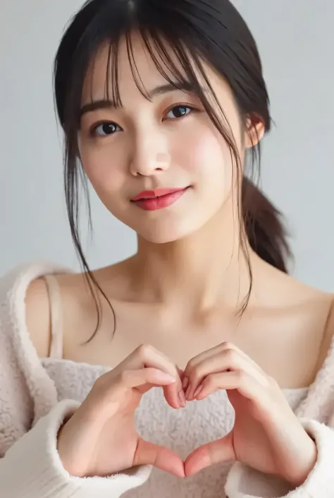  smile making a heart shape with hands:2.0、 (Ultra-precise human anatomy , best quality、RAW photo、8k、32K、masterpiece、realistic、photorealistic:1.37)、Cute Japanese women images、 tank top、 has been photographed in natural light、upper body、1 girl、Photo Mapping...