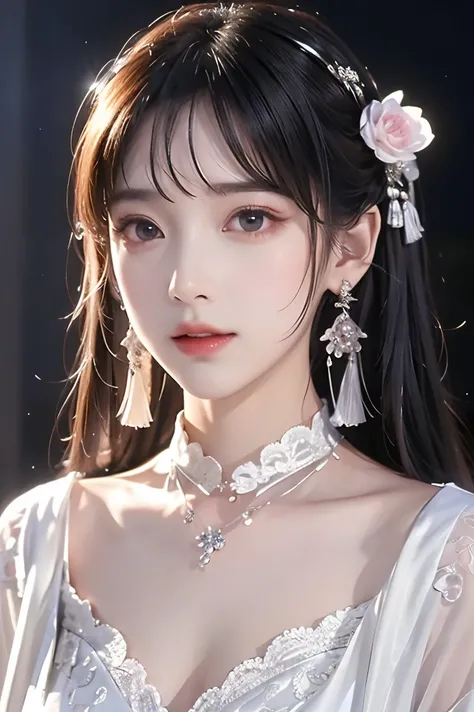 realism: 1.3, masterpiece, of the highest quality, high-resolution, details: 1.2, 1 girl, Hairpin, beautiful face, exquisite eyes, Tassel Earrings, necklace, ribbon, Elegant posture , aesthetics, movie lighting, ray tracing, depth of field, Layering...