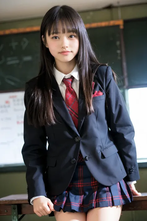 Girl Standing in School Classroom , red tie uniform , dark blue blazer ,blue plaid skirt,18 years old,bangs, small smile , thighs,Knee,from below