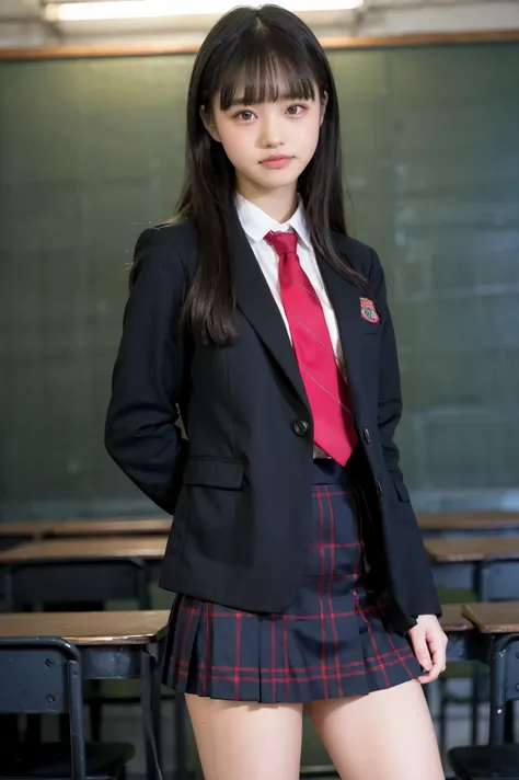  Girl Standing in School Classroom , red tie uniform , dark blue blazer ,blue plaid skirt,18 years old,bangs, small smile , thighs,Knee,from below