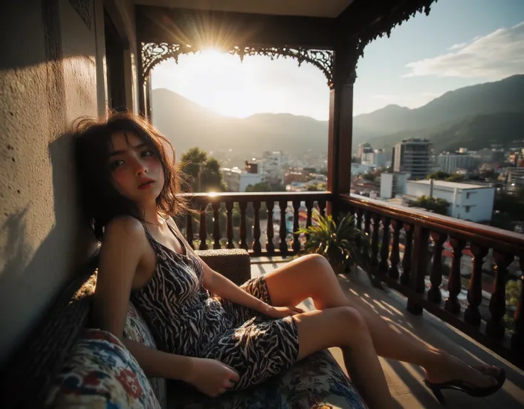 (mountain with city in the background) (Large perky breasts) Flash photography, gyaru, Aesthetically pleasing cinematic composition, epic perspective, dramatic lighting and shadows, symmetrical and detailed, Cute girl with small perky breasts in a black an...