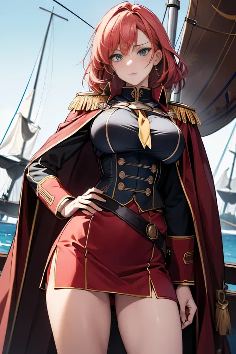 Best quality, high resolution, 8k, masterpiece, vibrant colors, world class professional animators, sharp focus, bright colors, Cinema Lighting, anime style,

A woman standing in the forecastle of a sailing ship, (big breasts), military uniform, mini tight...