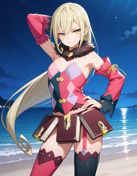 M4gil0u, green eyes, pointy ears, blonde hair, very long hair, hair between eyes, fur collar, multicolored vest, strapless, detached sleeves, mismatched sleeves, book skirt, asymmetrical legwear, thighhighs, garter straps, anime screenshot, shiny skin, hig...