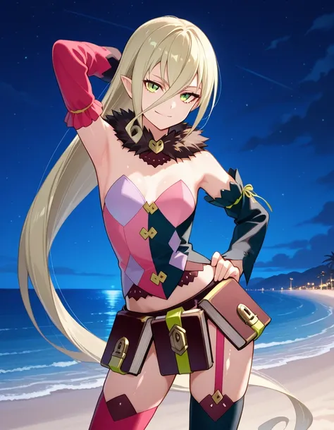 M4gil0u, green eyes, pointy ears, blonde hair, very long hair, hair between eyes, fur collar, multicolored vest, strapless, detached sleeves, mismatched sleeves, book skirt, asymmetrical legwear, thighhighs, garter straps, anime screenshot, shiny skin, hig...