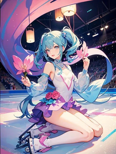  Ice Skating、ice、skating rink、Skates、Cute girl、girls、 light blue hair、twin tails、looks at one woman, Hi-Res, high quality, 