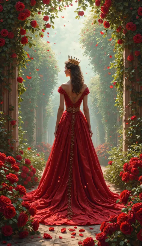 Buat cover buku The Crimson Crown, royal background with a garden of red roses and a queen overlooking the kingdom. 