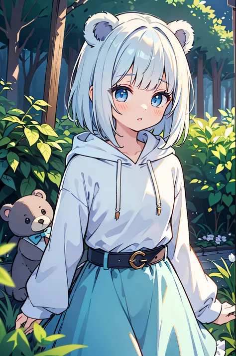 He is wearing a white hoodie with bear ears on the hood.、Light blue eyes、Light blue bob cut、The clothes come with a badge.。White skirt and blue belt、Calm girl