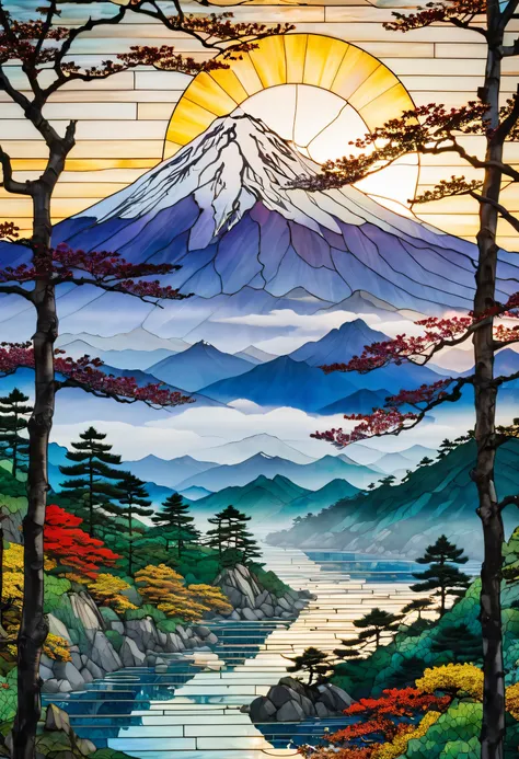  Mountain Stained Glass Photo Closeup,  inspired by Miyagawa Kazumori, Inspired by Hiroshige , is inspired by Tensho Akibu, Inspired by Buncho Tani, Influenced by Kisaragi, , Inspired by Hasegawa Tohaku 