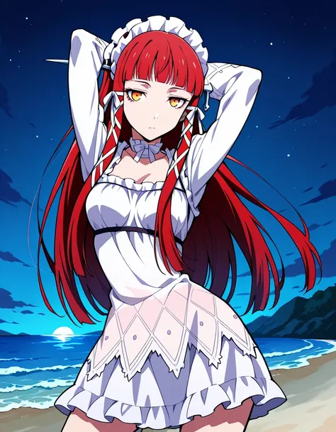 p3chidori, yellow eyes, red hair, long hair, blunt bangs, headdress, hair tubes, hair ribbon, choker, ribbon choker, dress, white dress, long sleeve dress, long sleeves, lolita fashion, gothic lolita, frills, shiny skin, high quality, solo, night sky, beac...