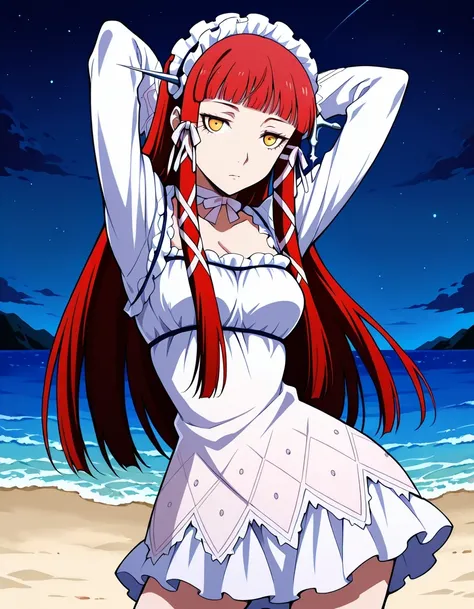 p3chidori, yellow eyes, red hair, long hair, blunt bangs, headdress, hair tubes, hair ribbon, choker, ribbon choker, dress, white dress, long sleeve dress, long sleeves, lolita fashion, gothic lolita, frills, shiny skin, high quality, solo, night sky, beac...