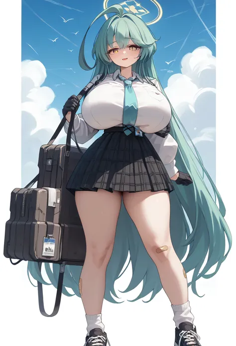 yume \(blue archive\),yellow eyes,green hair,long hair,ahoge,halo,bandaid,blue necktie,white shirt,long sleeves,plaid skirt,(chest harness:0.5),white socks,sneakers,gloves,id card,gigantic breasts, wide hips, thick thighs, thin waist