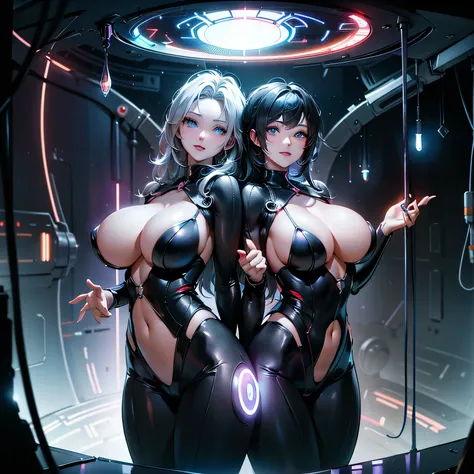 [magic circle], (SF Sexy Art)、((( glowing portal)))、(Best Quality、8k、Hi-Res、masterpiece:1.2)、 RAW photos 、realistic、Ultra-detailed、Sci-fi Spaceship Interior、2 girls、beautiful spaceship crew sisters、(perfect anatomy:1.3)、((beautiful eyes))、beautiful well-gr...