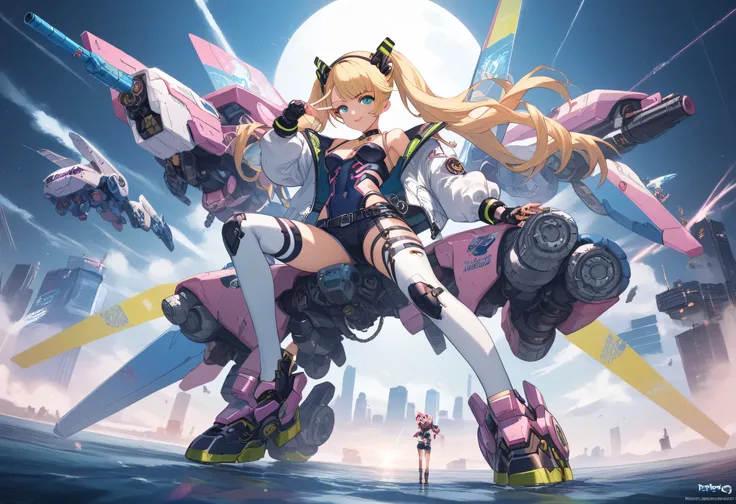 Anime girl sitting on a giant robot in a futuristic setting, Cyberpunk art by Shinotao , pixiv contest winner,  self destructive art,   Macross Delta Splash Art  ,  Mechanized Valkyrie Girl,  Macross Frontier splash art, Masamune Shirow,  high definition o...