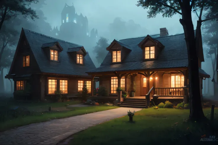  nighttime scene of a house in the woods with a path, Concept Art Inspired by Andreas Rocha,  Art Station Contest Winner , fantasy art,   beautiful rendering of a fairy tale , realistic  fantasy rendering by Andreas Rocha , Fantasy House, Andreas Rocha sty...