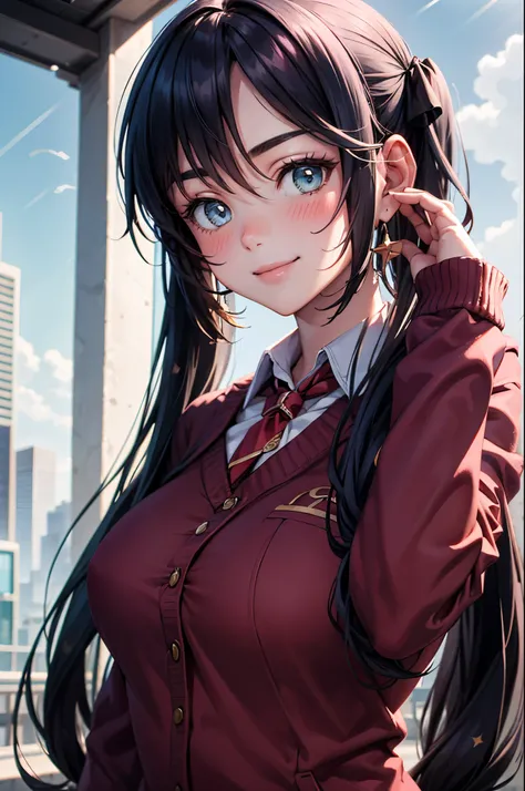 mona, upper body, smile, blush, outdoors, day, simple background, blue sky, long hair, sky, city, looking at viewer, moody lighting, school uniform long sleeves, large breast, hair down, close up, pink jacket