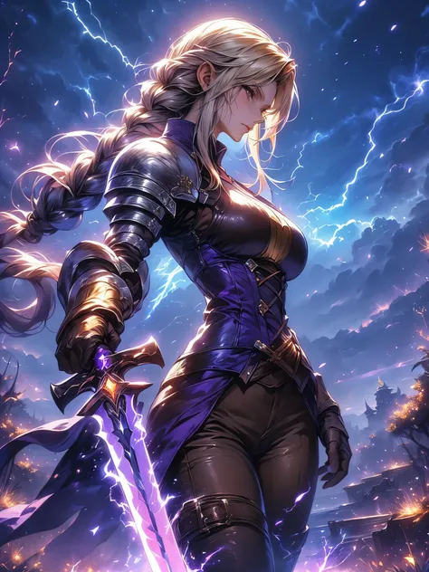 (Agrias Oaks\(Final Fantasy Tactics\), score_9, score_8_Excellent, score_7_Excellent, 32K ,Detailed Depiction 、 壊す A girl holding a 剣 in her hand, Luxurious Sword, Lightning-charged Sword,,blond hair, braided ponytail ,brown eyes,shoulder armor, armo...