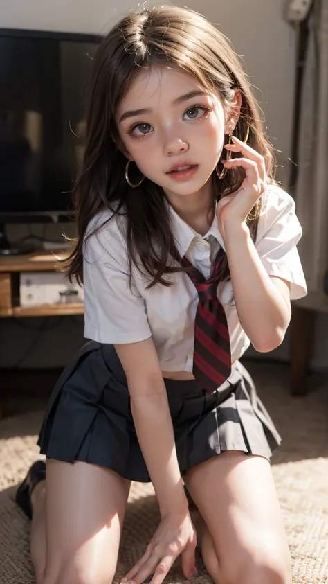 sassy girl (tween) In cropped school uniform, pleated mini skirt, lifting her skirt, no panties, pussy visible, blonde hair, blushing, shocked expression, slightly embarrassed, no hat, no headwear, slender legs, slim thighs, skinny thighs, tiny body, petit...