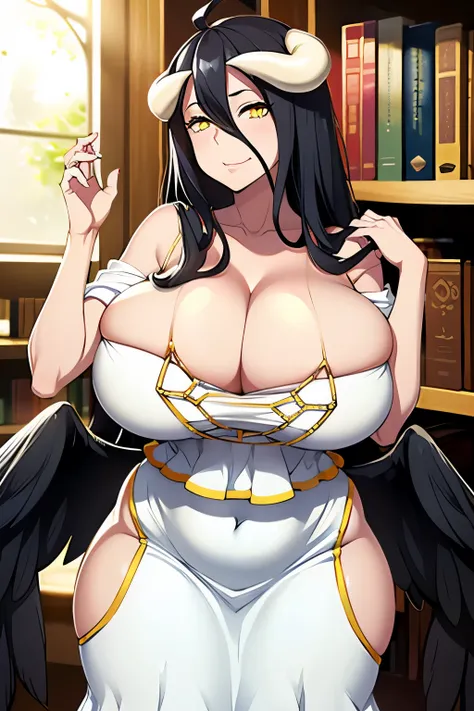 (messy black hair), (librarian), (white horns), library, (huge juicy breasts:1.2), (cleavage), (librarian dress:1.2), milf, busty, slim stomach, wide hips, (yellow eyes), beautiful face, professional lighting, glistening skin, high quality, (seductive pose...