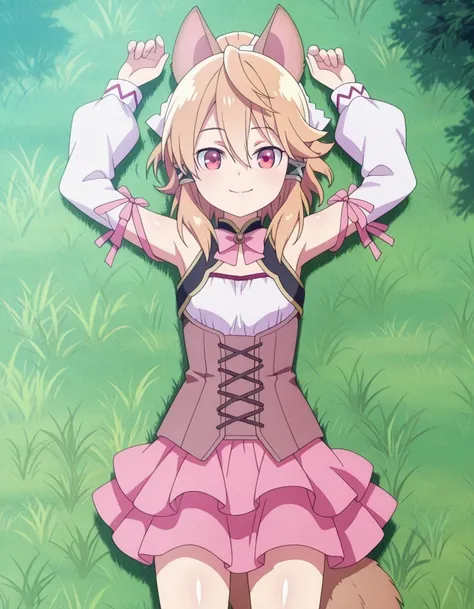 seirei_gensouki_-_latifa, animal_ears, hair_tubes, ponytail, hair_between_eyes, blonde_hair, red_eyes, tail
pink_bow, detached_sleeves, ribbon, anime screenshot, shiny skin, high quality, solo, on grass, lying, on back, arms up, legs apart, cowboy shot, fr...