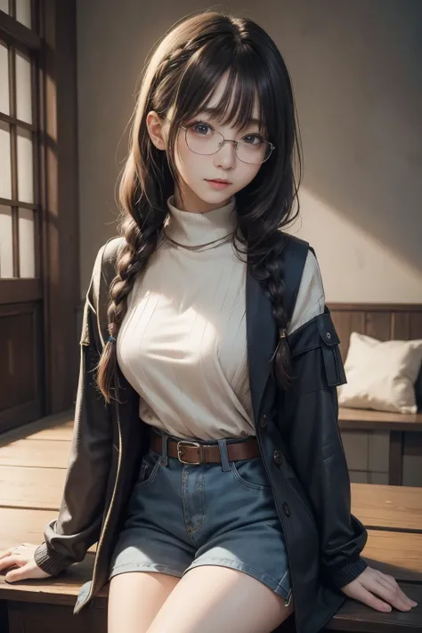 (最高qualityのディテール)、realistic、8KウルトラHD、High reSolution、(glasses,one person:1.2),(Fatal Beauty, charming beauty,braid) ,(GlaSSeS、close up shot,MySteriouS charm:1.1),(Big BreaStS、Fascinating silhouette),高qualityのテクスチャ、Very detailed CG、高qualityの影、beautiful and ...