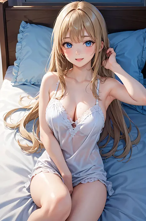  8k resolution,((Best Quality)),Ultra High Resolution, Adult Female, alone,  sexy, (gentle smile), (blue eyes), Beautiful Symmetrical Face, (blonde straight long hair),Wrapped in white sheets,realistic:1.4,realistic:1.4,(masterpiece:1.2), Perfect Eyes, Per...