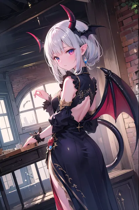 Highest quality, masterpiece,  radiosity, photon mapping, Dutch angle, Shine , landscape, realistic, reality, RAW photo, aura, Costume , close-up,  Succubus , Bat Wings , devil's tail, early , 1 girl , silver hair 