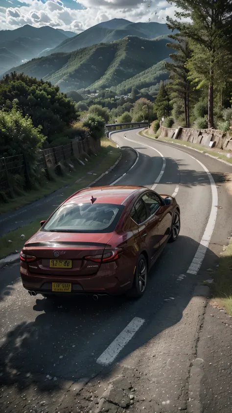 red car,driving on tarred road,busy hill beside road,hyper realistic,detailed vehicle,glossy paint,dynamic camera angle,dramatic lighting,mountainous landscape,winding road,overcast sky,lush greenery,vibrant colors,realistic textures,photorealistic,8K,HDR,...