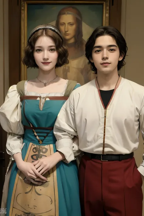 363 (20 year old woman and 20 year old man),(short hair), (high quality photos), (gentle smile), ( colorful costumes ), (Leonardo da Vinci painting)