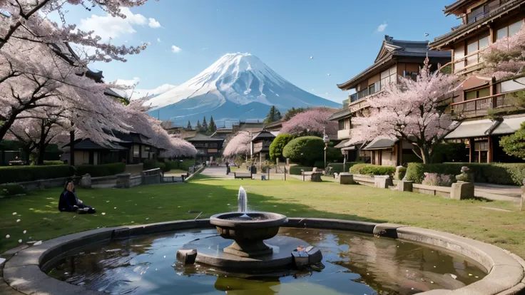 Hanami Festival in Japan: People enjoy the beauty of blossoming cherry blossoms around the traditional shrine. In the middle of the park, The serene flowing stone fountain provides a relaxing atmosphere against the backdrop of the dashing Mount Fuji. 🎎🌸💦

