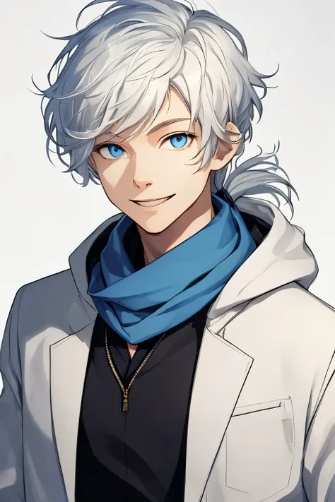 1boy, mature man, gradient hair, white hair, orange hair, white skin, skinny, lab coat, hoodie, medium hair, blue eyes, ((short ponytail)), masterpiece, smiling, closed mouth, upperbody, portrait, looking at viewer, wavy hair, blue scarf