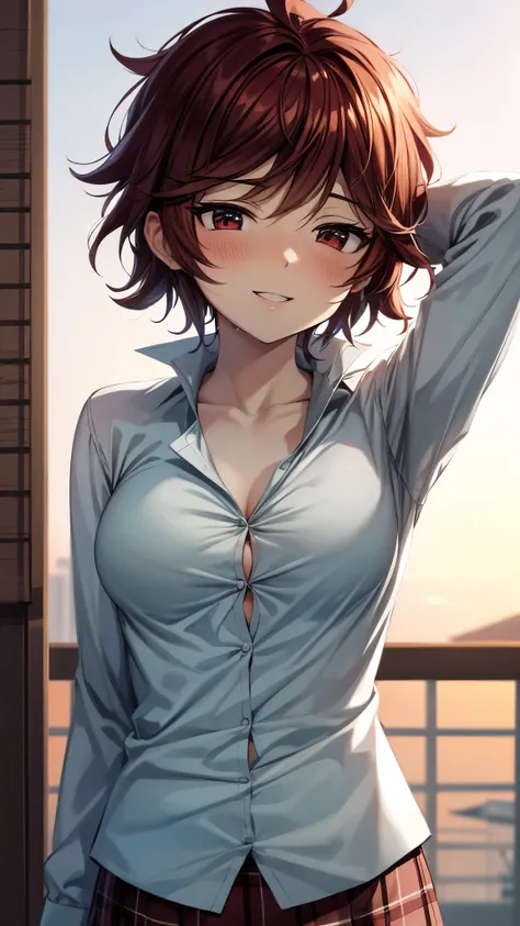 （Ultra High Quality,Ultra High Resolution,16k,super masterpiece,Ultra HD ,detailed shading and background,） upper body shot from below,One sexy girl, Sexy White Shirts,Chest Valley,plaid miniskirt,blush,smile,Open your lips a little,Rooftop with a sunset v...