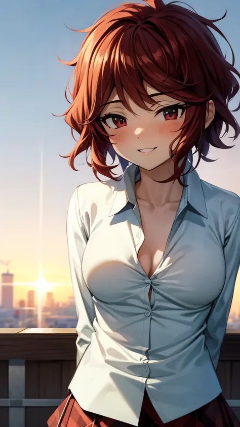 （Ultra High Quality,Ultra High Resolution,16k,super masterpiece,Ultra HD ,detailed shading and background,） upper body shot from below,One sexy girl, Sexy White Shirts,Chest Valley,plaid miniskirt,blush,smile,Open your lips a little,Rooftop with a sunset v...