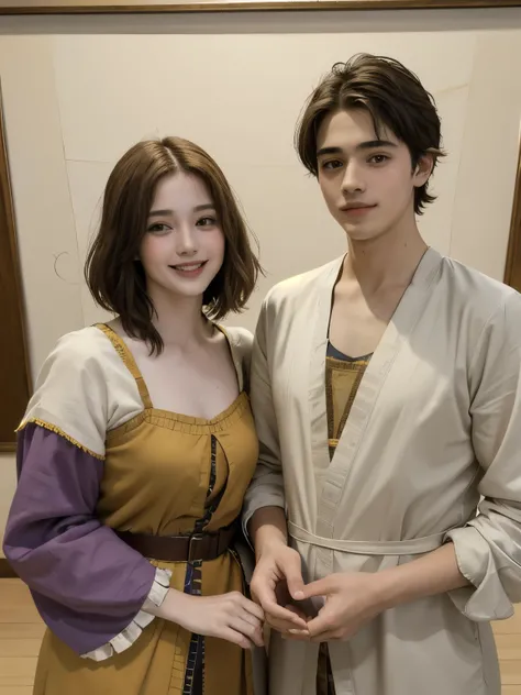 363 (20 year old woman and 20 year old man),(short hair), (high quality photos), (gentle smile), ( colorful costumes ), (Leonardo da Vinci painting)