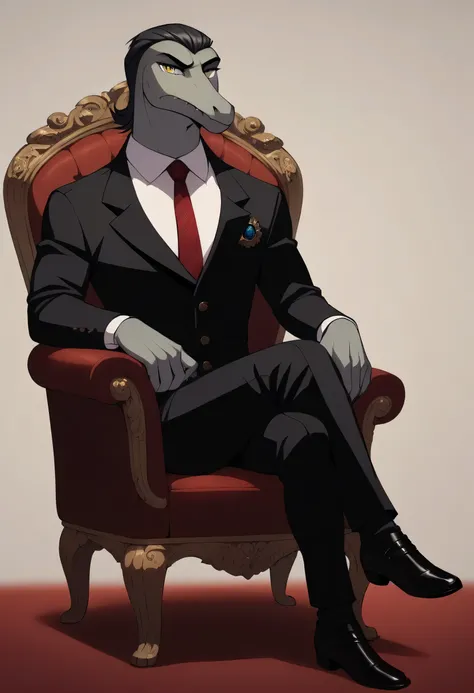 masterpiece, detailed, detailed eyes, detailed face, detailed hands, adult male, 1 boy, Toffee, Humanoid gray Lizard, Anthro Lizard, Slicked back hair, yellow eyes, black suit, white shirt underneath, red tie, sitting in an armchair with crossed legs, cros...