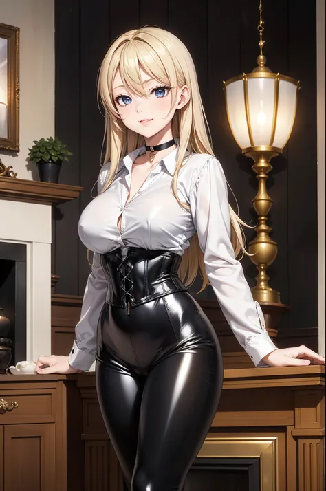 masterpiece, Anime Style, A young girl, slender body,  of foot, pose sexy, ( seen from the front ). pretty face,  seductive expression , sensual lips, draw smile,  ((big breasts)), long blonde hair, detailed eyes, blue eyes,  choker : 1.6, ((long sleeve wh...