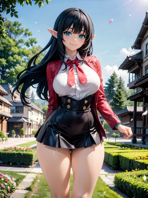 detailed image, beautiful image, an elf, dark hair, long hair, turquoise eyes, large breasts, short black waist, wide hips, thick thighs. She is wearing a school uniform, blazer, pleated mini skirt, she is standing, smiling, surrounded by a school landscap...