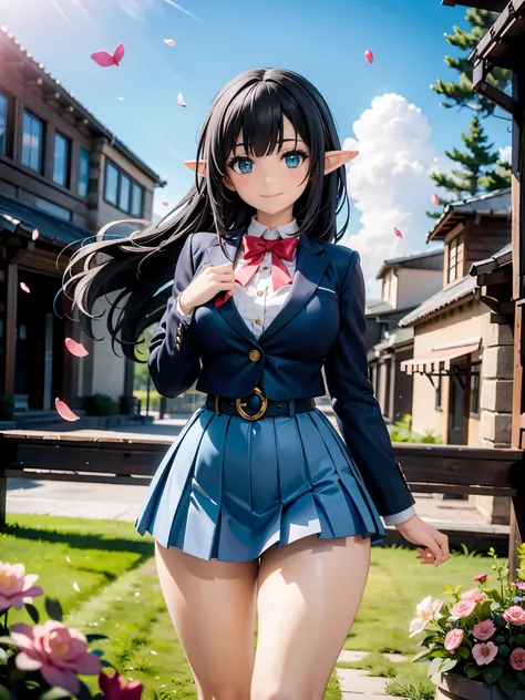 detailed image, beautiful image, an elf, dark hair, long hair, turquoise eyes, large breasts, short black waist, wide hips, thick thighs. She is wearing a school uniform, blazer, pleated mini skirt, she is standing, smiling, surrounded by a school landscap...