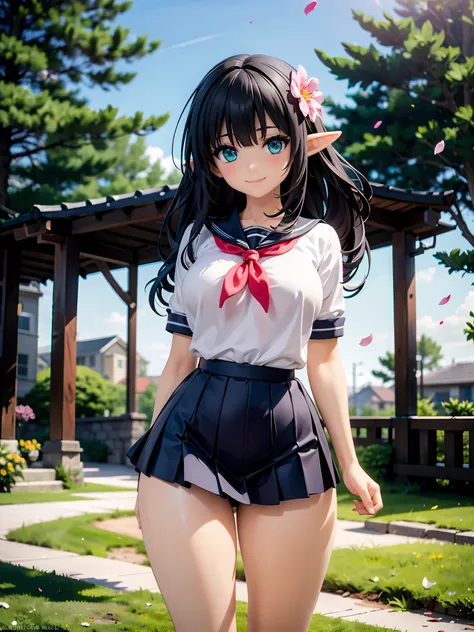 detailed image, beautiful image, an elf, dark hair, long hair, turquoise eyes, large breasts, short black waist, wide hips, thick thighs. She is wearing a school uniform, sweater, pleated mini skirt, smiling, surrounded by a school landscape. falling flowe...