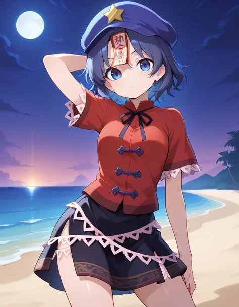 miyako yoshika, 1girl, solo, blue eyes, blue hair, short hair, jiangshi,
hat ornament, star hat ornament, ofuda, red shirt, black skirt, tangzhuang, shiny skin, high quality, solo, night sky, beach, hand behind head, hand on hip, ((contrapposto)), closed m...