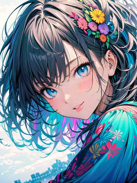 (masterpiece, Best Quality, official art:1.2), (colorful), perfect anatomy, and stare at the audience,one girl, alone, white background, floating colorful water, Ultra Precise Illustration,  High Details , Dynamic Angle,  beautiful detailed , 32K, 壊す smili...