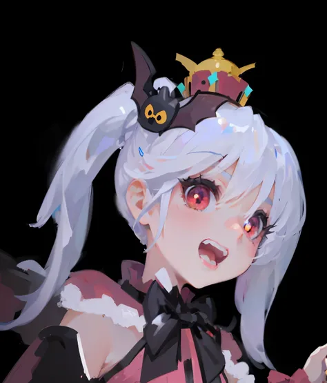 a two-dimensional cute loli girl，white hair，with a cute bat hair card，Wearing a crown， short double ponytail，red eyes，There is also a bat bow