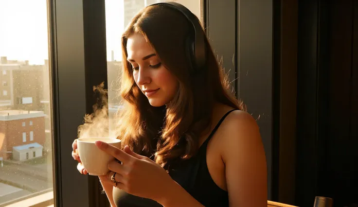 A young woman with long, wavy brown hair and fair skin, wearing stylish over-ear headphones and a sleek black dress with thin straps. She sits by a large window, positioned according to the rule of thirds, holding a steaming cup of coffee in her hands. Her...