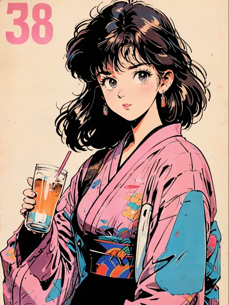 short brown hair, girls, 1990s,  has a romantic anime style,  kimono, lip gloss, yukata,  ,liquor,drink,liquorを飲む,liquor好き,,neon light, beer mug 