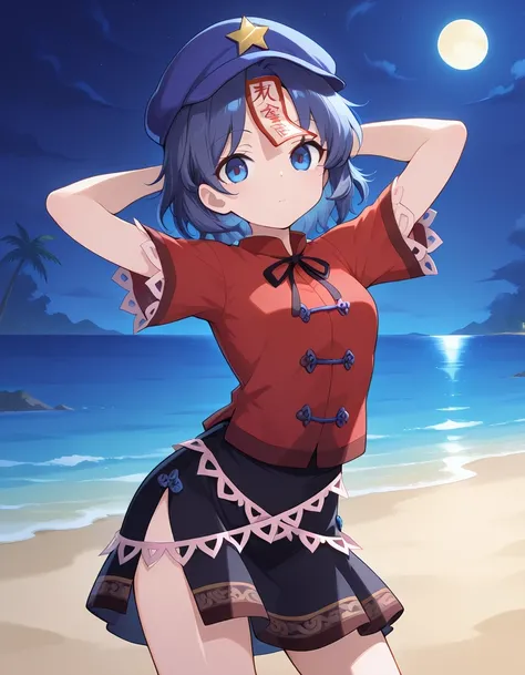 miyako yoshika, 1girl, solo, blue eyes, blue hair, short hair, jiangshi,
hat ornament, star hat ornament, ofuda, red shirt, black skirt, tangzhuang, shiny skin, high quality, solo, night sky, beach, hands behind head, ((contrapposto)), closed mouth, cowboy...