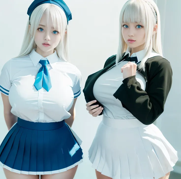 8K quality, Bright professional photo ,  two beautiful girls, Above the belly, (The two are fully wearing high school girl uniforms so they can't see their skin:1.3), (Big breasts are crushed by tight clothes:1.2), The bright and flashy blue eyes , Platinu...