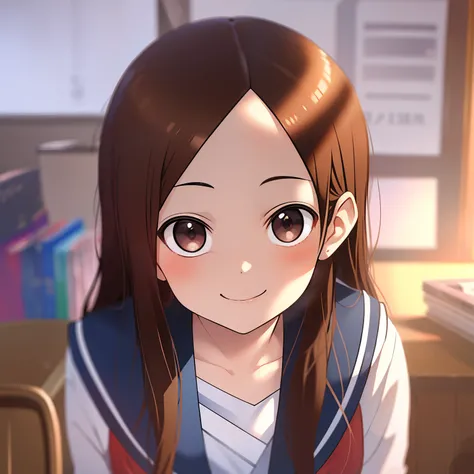  female focus ,  elementary school student,  emoji smile, (Japanese school uniforms), schools，desk, Background details, ((Alone)))