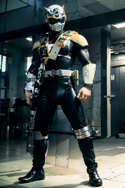 A black Power Ranger full body:


appearance:  tall and muscular,  with deep scars . His black suit is ripped and modified for greater mobility.  he lacks his right arm , but he wears a heavy shoulder pad with reinforcements to absorb impacts.
