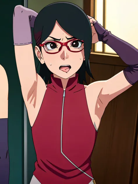 Sarada Uchiha,human woman with fair skin. She is a r with black eyes and red clothing. Her hair is black in color; She is beautiful.Wearing red rimmed glasses.Tsundere face. Pink eye shading,mature appearance,armpits,sweat,sweaty,sweaty armpits,arms up,s...