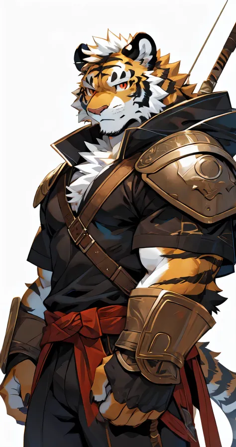 (from sollyz),Tiger,Black and white, details face,  details eyes,  details, male,Archer,pants,  short hair,(armor:1),__b2__,
,red eyes, Handsome,simple background, muscle（0.3）
Strong,epic,